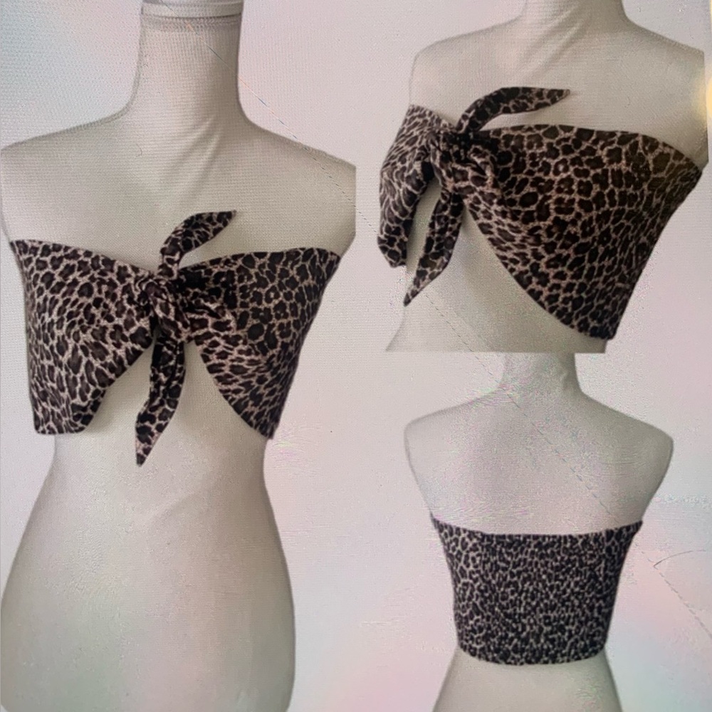 Express Women’s Brown and Black Tie Front Backless Crop Top. Medium